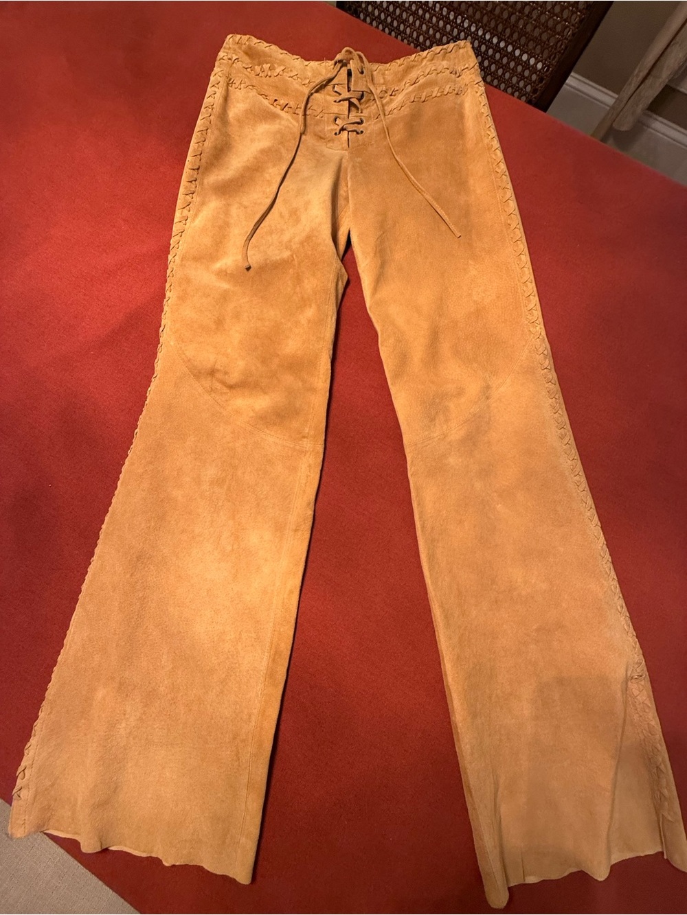 Express Suede Leather Pants in Camel Brown with Braided Trim, NWOT